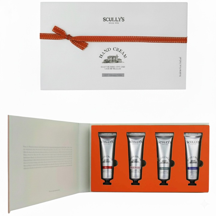 Kézápoló Ajándékcsomag – Scullys, Natural Hydration, 4 tubus, Levendula, Bolgár Rózsa, Bazsarózsa, Fehér Gardénia