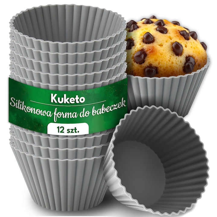 Комплект от 12 силиконови форми за мъфини, сиви, за многократна употреба, незалепващи, 3x7x4.5см