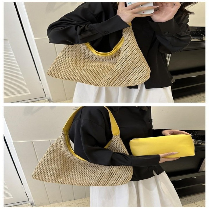 Ретро плетена чанта тоут, сламена чанта, просторна чанта за рамо, комплект с малка чанта, цвят кремаво жълто