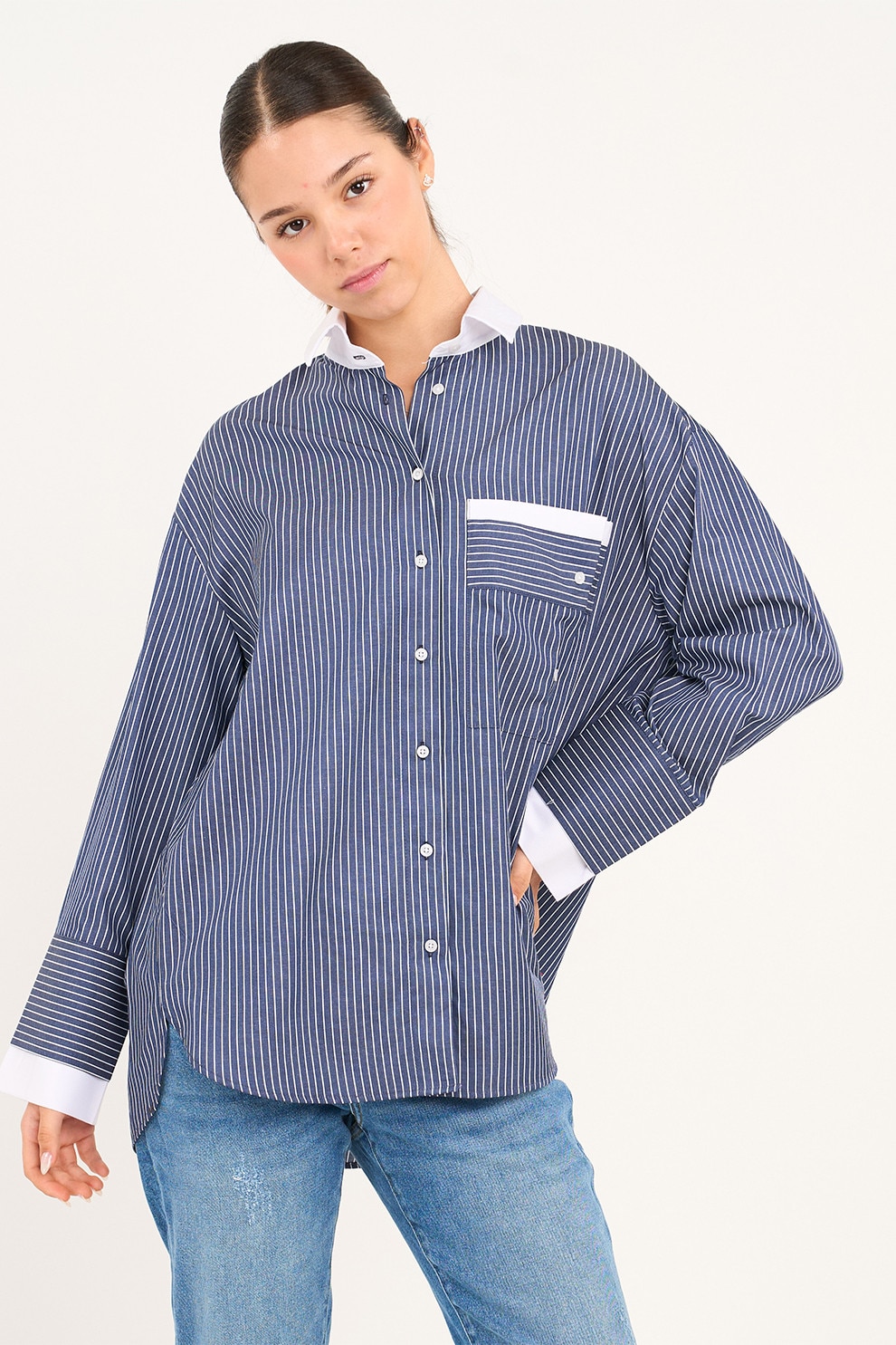 Lee Cooper, Camasa supradimensionata din bumbac cu model in dungi, Alb, Albastru inchis, S