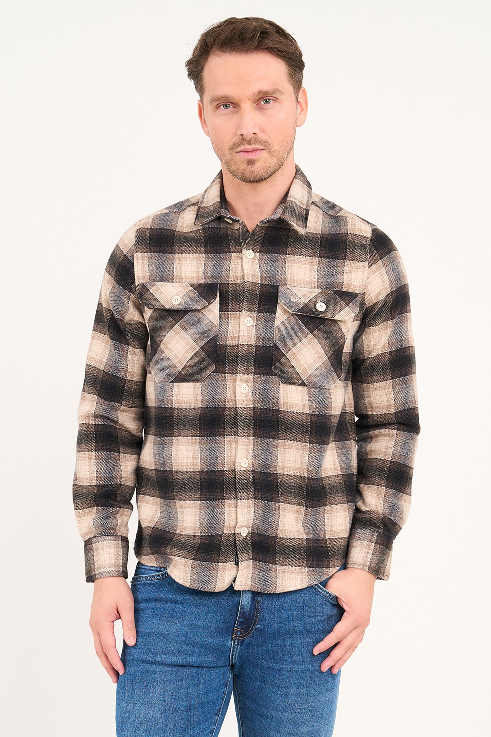 Lee Cooper, Camasa cu model in carouri si buzunare pe piept, Maro inchis, Bej, 2XL