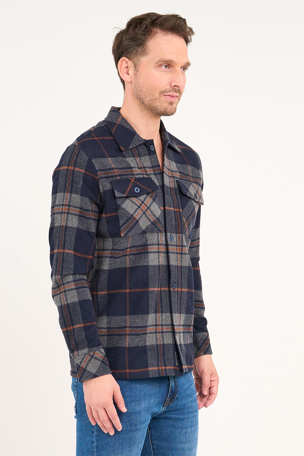 Lee Cooper, Camasa cu model in carouri si buzunare pe piept, Gri, Portocaliu, Bleumarin, XL