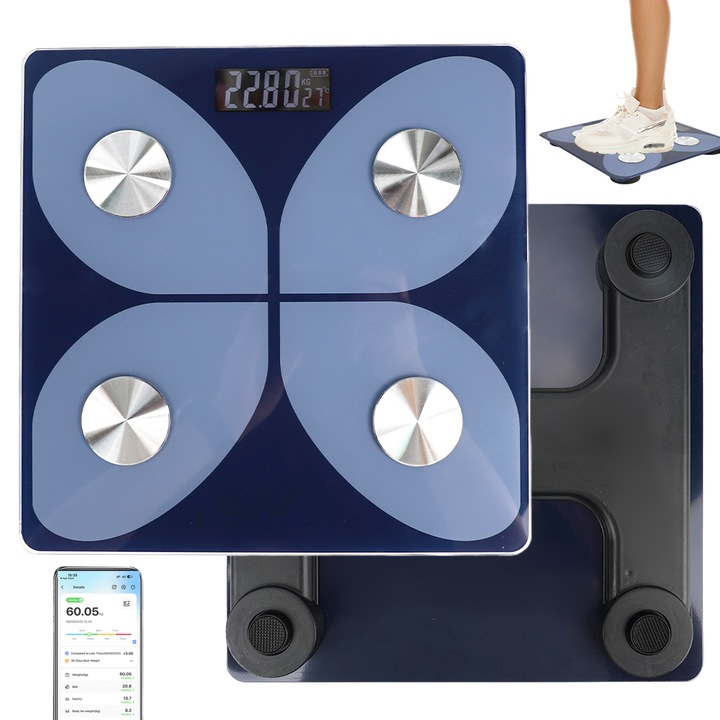 Интелигентен Кантар за Тегло и Телесни Индекси, Неограничен Брой Потребители, iOS/Android Интеграция, Рулетка за Измерване на Тялото, Максимум 180кг, 26 x 26 см, Интелигентно Bluetooth Приложение, BMI, BMR, IMC, LED Дисплей, Черен