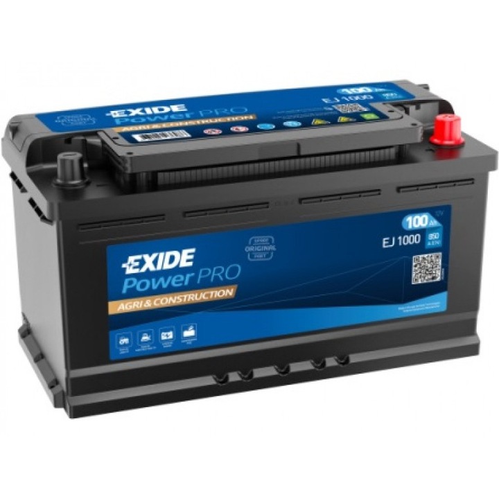 Акумулатор Exide EJ1000 12V 100Ah, AGM технология, устойчивост на вибрации, за селскостопански и строителни машини