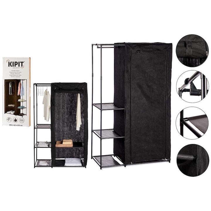 Dupla textil gardróbszekrény, 172 x 105 x 43 cm, fém keret, textil huzat, fekete szín