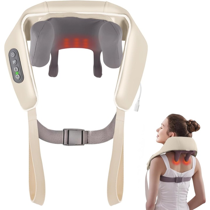 Aparat Masaj Cervical Hands-Free pentru Relaxare Musculara, Rola de Masat Shiatsu 6D care Imita Masajul Uman, Functie Incalzire, Umeri si Spate, Intensitate Reglabila, Crem