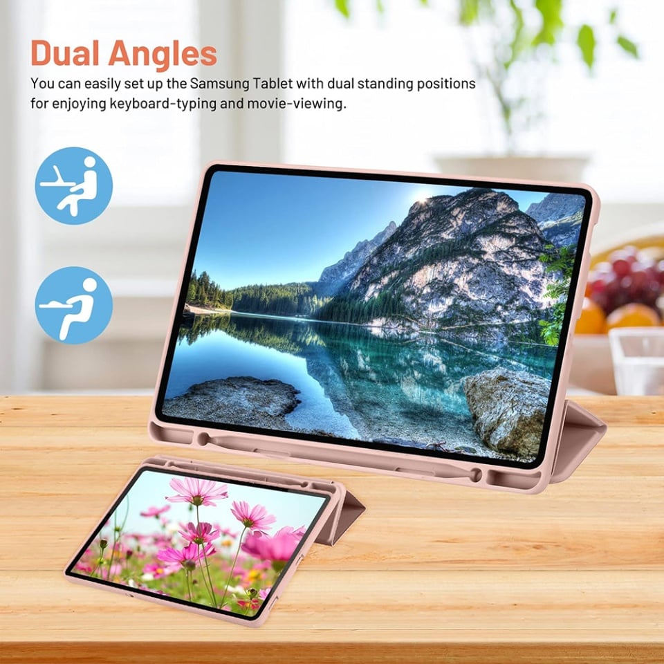 Husa tableta pentru Samsung Galaxy Tab S6 Lite (2020/2022/2024), suport Pencil, functie Sleep/Wake, Flex Trifold, set cu sticker, Roz