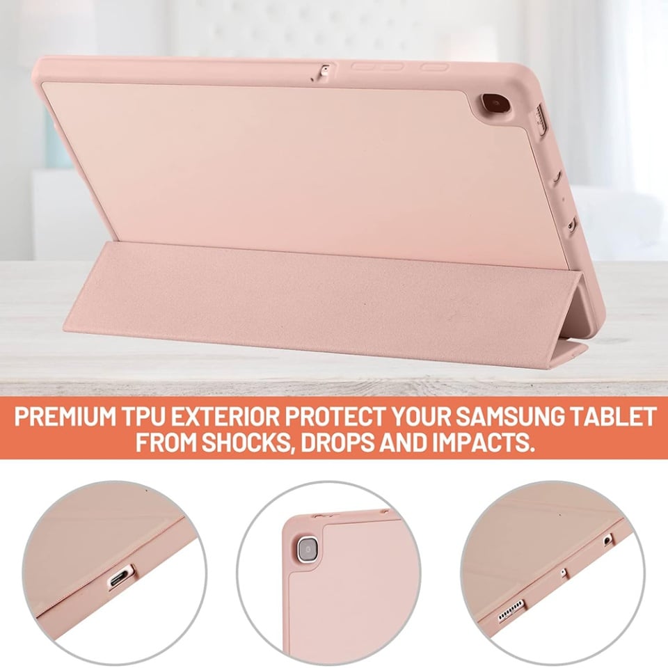 Husa tableta pentru Samsung Galaxy Tab S6 Lite (2020/2022/2024), suport Pencil, functie Sleep/Wake, Flex Trifold, set cu sticker, Roz