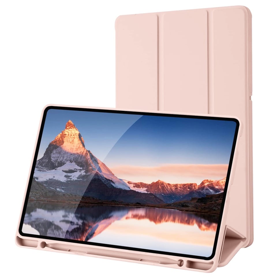 Husa tableta pentru Samsung Galaxy Tab S6 Lite (2020/2022/2024), suport Pencil, functie Sleep/Wake, Flex Trifold, set cu sticker, Roz
