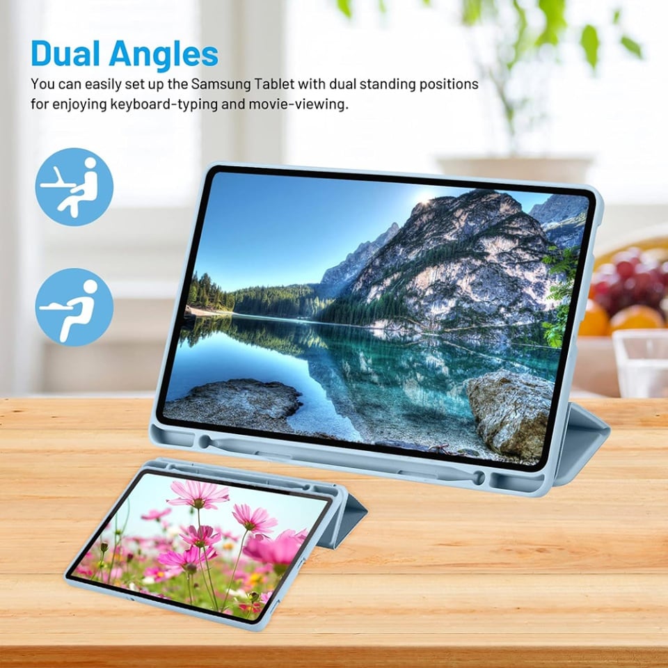 Husa tableta pentru Samsung Galaxy Tab S6 Lite (2020/2022/2024), suport Pencil, functie Sleep/Wake, Flex Trifold, set cu sticker, Bleu