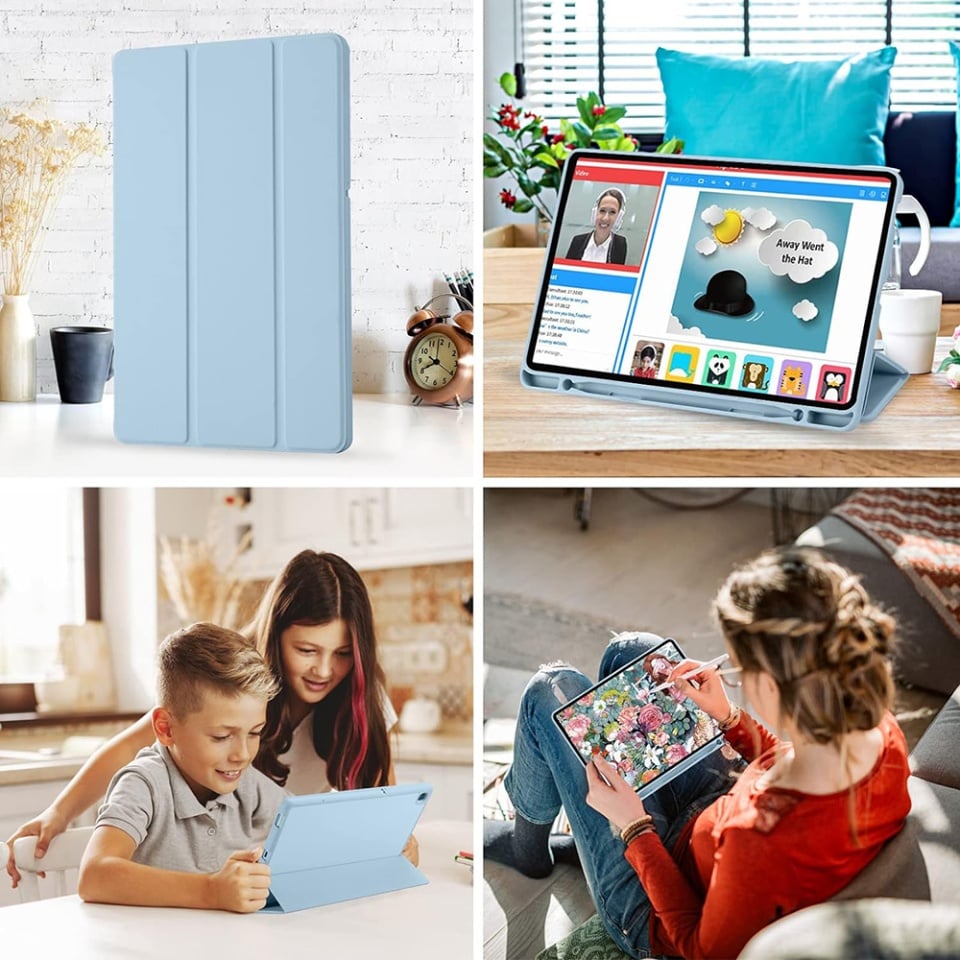 Husa tableta pentru Samsung Galaxy Tab S6 Lite (2020/2022/2024), suport Pencil, functie Sleep/Wake, Flex Trifold, set cu sticker, Bleu