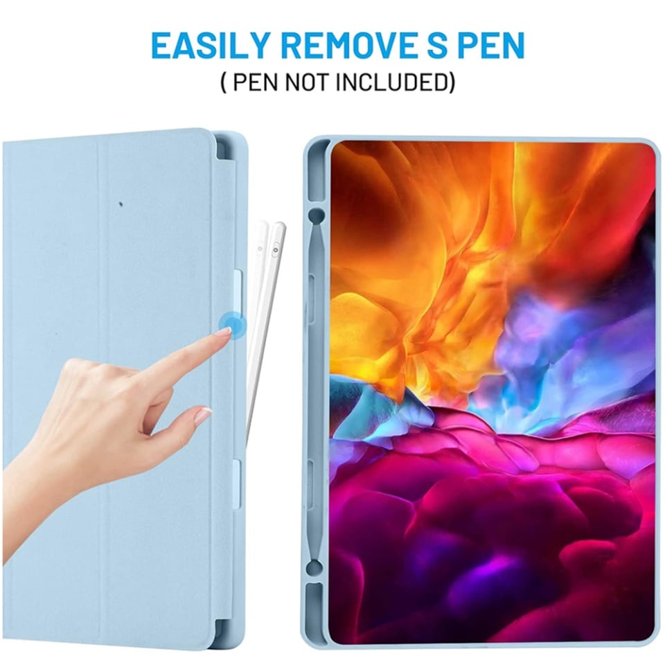 Husa tableta pentru Samsung Galaxy Tab S6 Lite (2020/2022/2024), suport Pencil, functie Sleep/Wake, Flex Trifold, set cu sticker, Bleu
