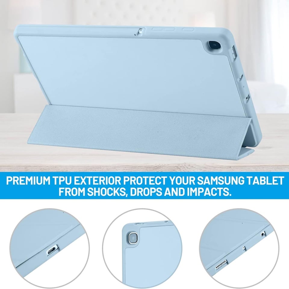 Husa tableta pentru Samsung Galaxy Tab S6 Lite (2020/2022/2024), suport Pencil, functie Sleep/Wake, Flex Trifold, set cu sticker, Bleu
