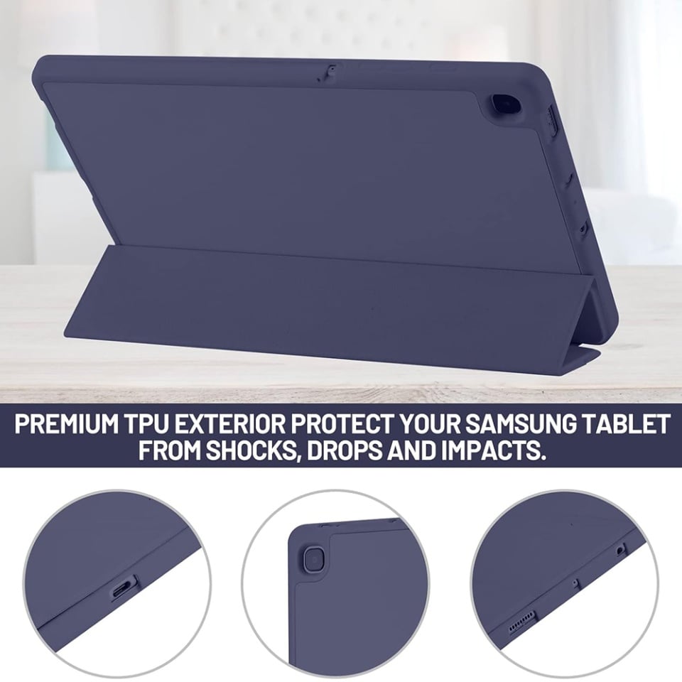 Husa tableta pentru Samsung Galaxy Tab S6 Lite (2020/2022/2024), suport Pencil, functie Sleep/Wake, Flex Trifold, set cu sticker, Bleumarin