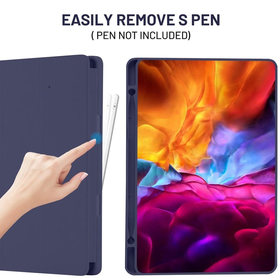Husa tableta pentru Samsung Galaxy Tab S6 Lite (2020/2022/2024), suport Pencil, functie Sleep/Wake, Flex Trifold, set cu sticker, Bleumarin