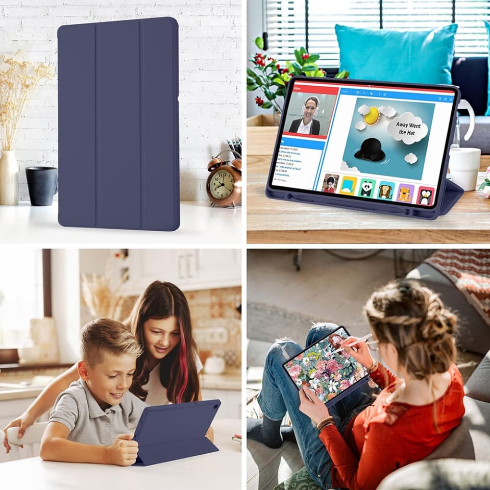 Husa tableta pentru Samsung Galaxy Tab S6 Lite (2020/2022/2024), suport Pencil, functie Sleep/Wake, Flex Trifold, set cu sticker, Bleumarin