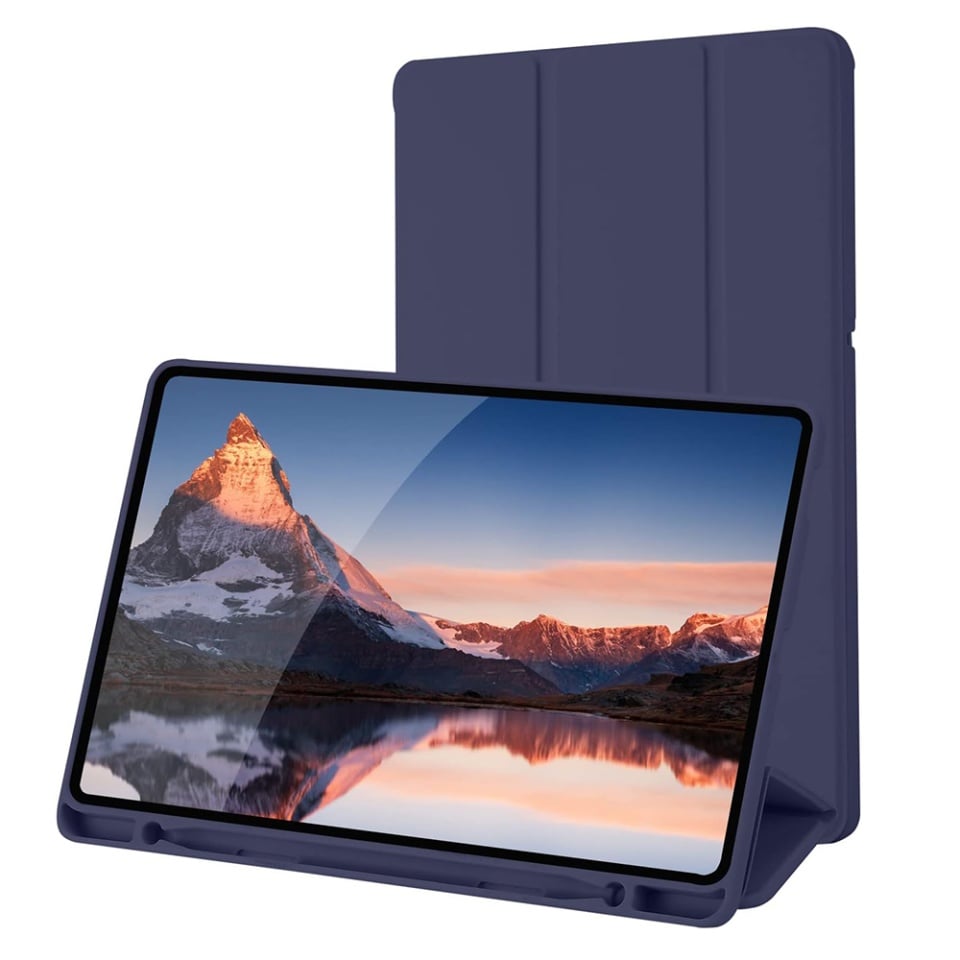 Husa tableta pentru Samsung Galaxy Tab S6 Lite (2020/2022/2024), suport Pencil, functie Sleep/Wake, Flex Trifold, set cu sticker, Bleumarin