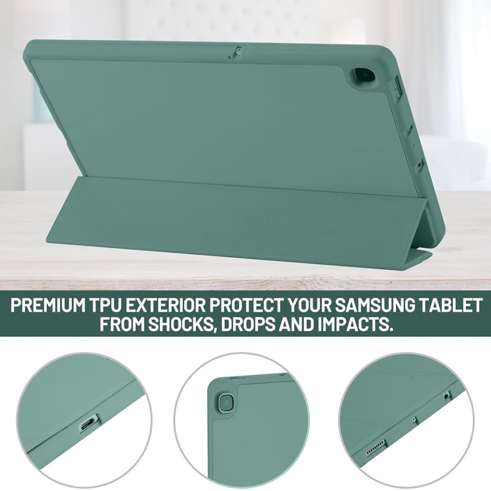Husa tableta pentru Samsung Galaxy Tab S6 Lite (2020/2022/2024), suport Pencil, functie Sleep/Wake, Flex Trifold, set cu sticker, Verde inchis