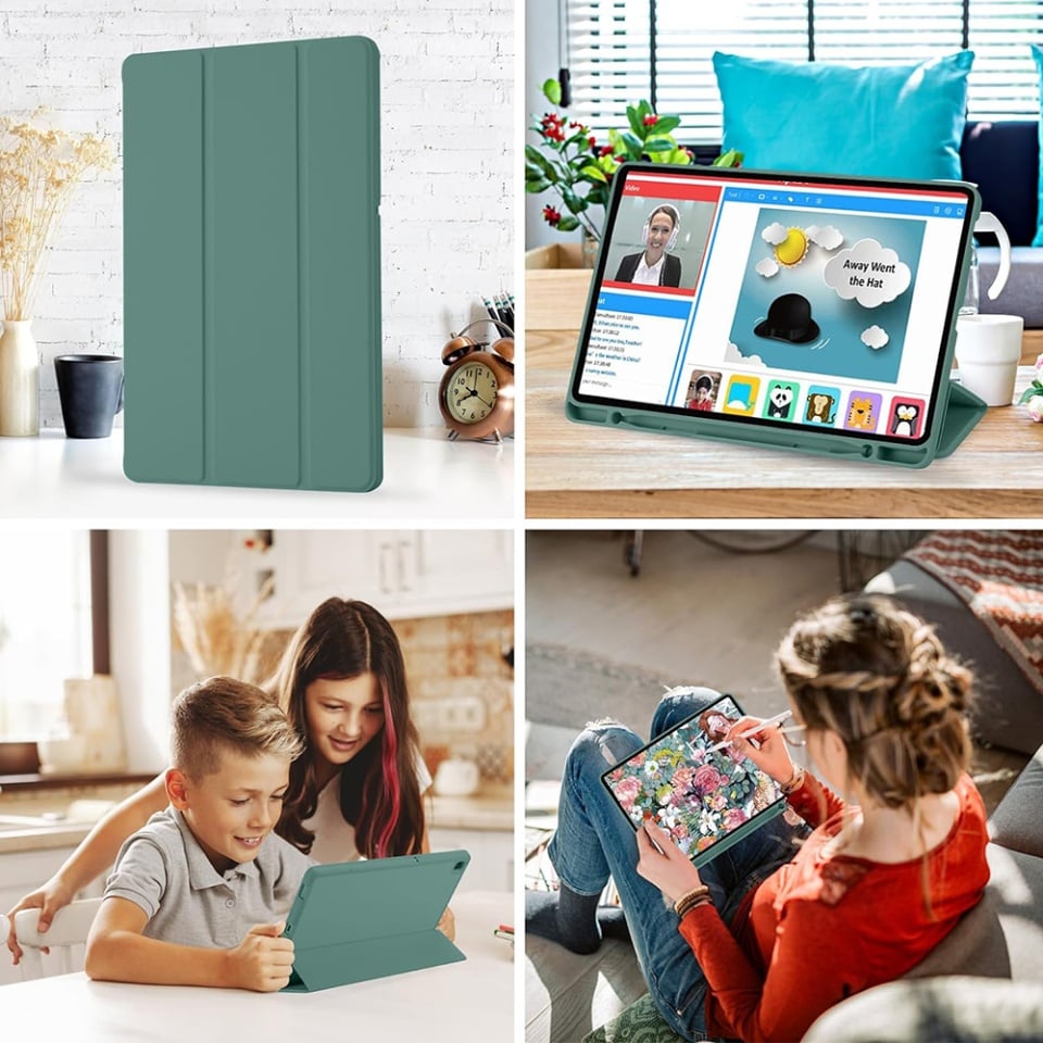 Husa tableta pentru Samsung Galaxy Tab S6 Lite (2020/2022/2024), suport Pencil, functie Sleep/Wake, Flex Trifold, set cu sticker, Verde inchis