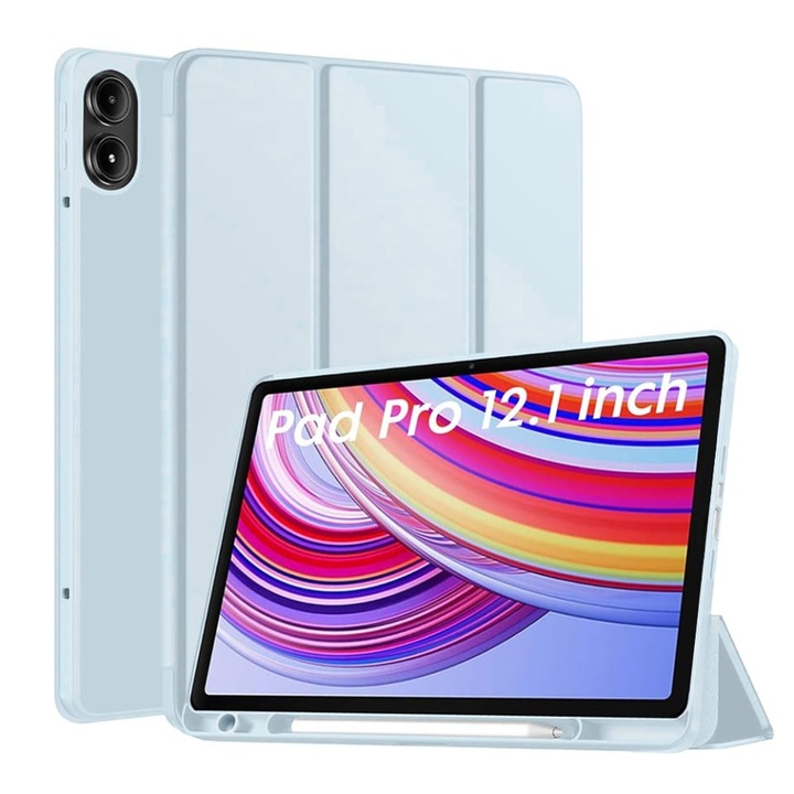 Husa tableta pentru Xiaomi Redmi Pad Pro / Redmi Pad Pro 5G / Poco Pad), suport Pencil, functie Sleep/Wake, Flex Trifold, set cu sticker, Bleu