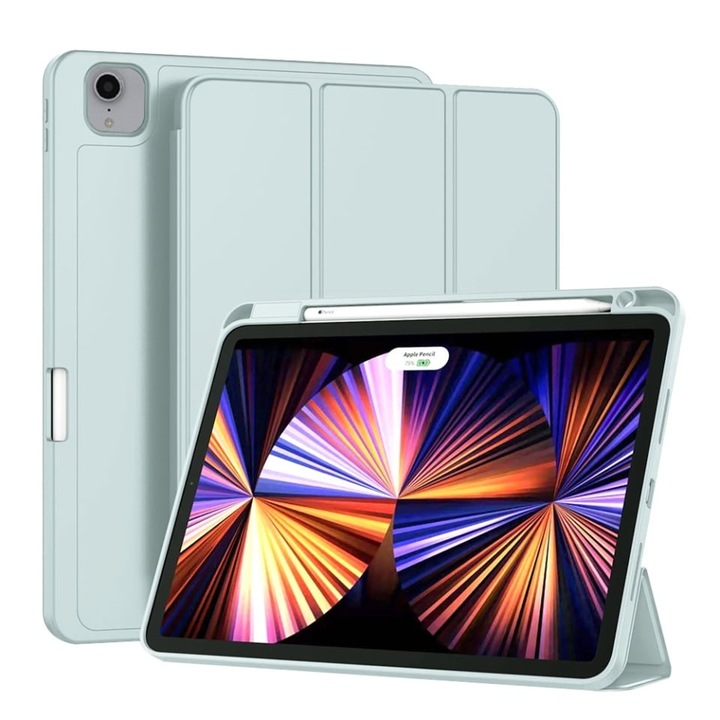 Husa tableta pentru iPad Pro 11 (2018 / 2020 / 2021 / 2022), suport Pencil, functie Sleep/Wake, Flex Trifold, set cu sticker, Bleu