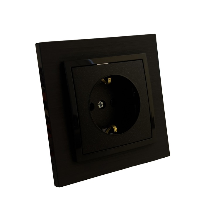 Priza Schuko protectie copil 16A, baysal, negru, incastrata, rama neagra model striat