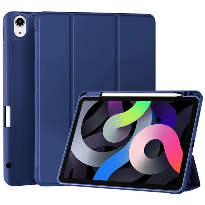 Husa tableta pentru Samsung Galaxy Tab A11 Plus / A9 Plus, suport Pencil, functie Sleep/Wake, Flex Trifold, set cu sticker, Bleumarin