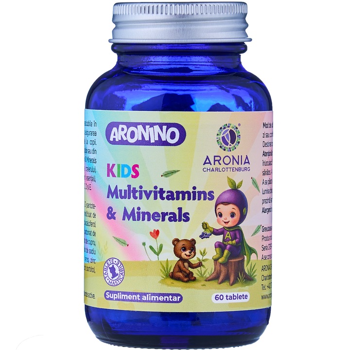 Aronino Kids Multivitamins & Minerals — 60 tablete masticabile, 12 vitamine si 10 minerale esentiale pentru o crestere armonioasa