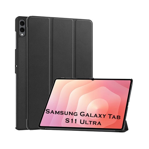 Husa tableta pentru Samsung Galaxy Tab S11 Ultra, suport Pencil, functie Sleep/Wake, Flex Trifold, set cu sticker, Negru