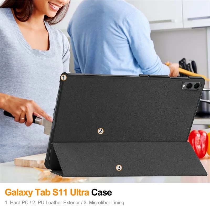 Husa tableta pentru Samsung Galaxy Tab S11 Ultra, suport Pencil, functie Sleep/Wake, Flex Trifold, set cu sticker, Negru