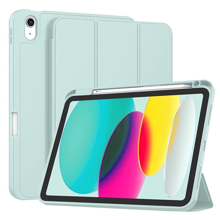 Husa tableta pentru iPad 10 (2022) 10.9 / 11 (2025), suport Pencil, functie Sleep/Wake, Flex Trifold, set cu sticker, Bleu