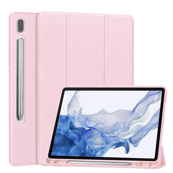 Husa tableta pentru Samsung Galaxy Tab A11 Plus / A9 Plus, suport Pencil, functie Sleep/Wake, Flex Trifold, set cu sticker, Roz