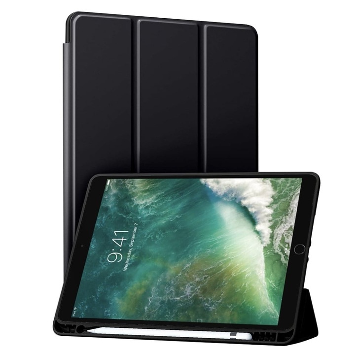 Husa tableta pentru iPad Air 10.5 2019 / Pro 10.5 2017, suport Pencil, functie Sleep/Wake, Flex Trifold, set cu sticker, Negru