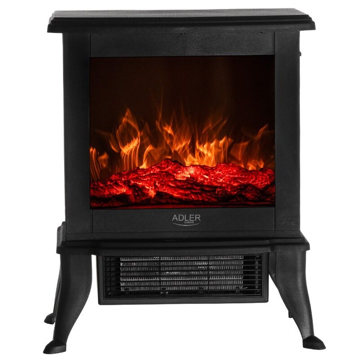 Semineu electric, Portabil, 1000/1800 W, Negru, efect flacara, 38 x 24 x 44.5 cm