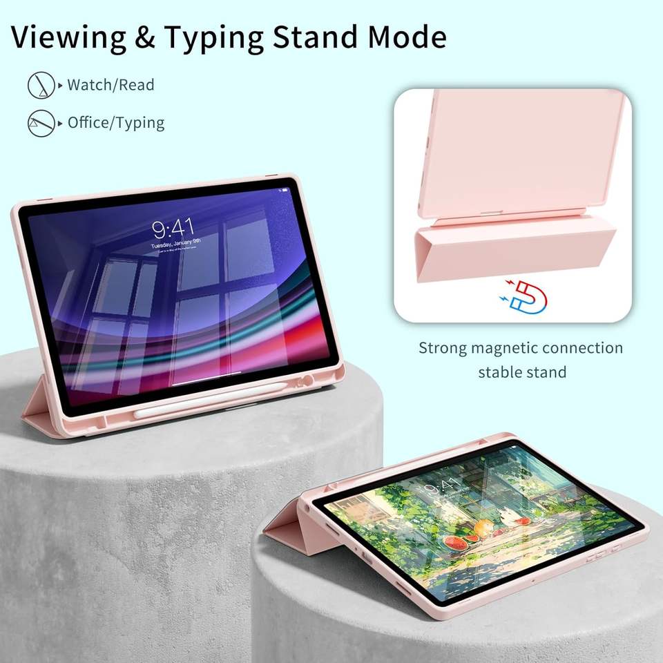 Husa tableta pentru Samsung Galaxy Tab A11 / A9, suport Pencil, functie Sleep/Wake, Flex Trifold, set cu sticker, Roz