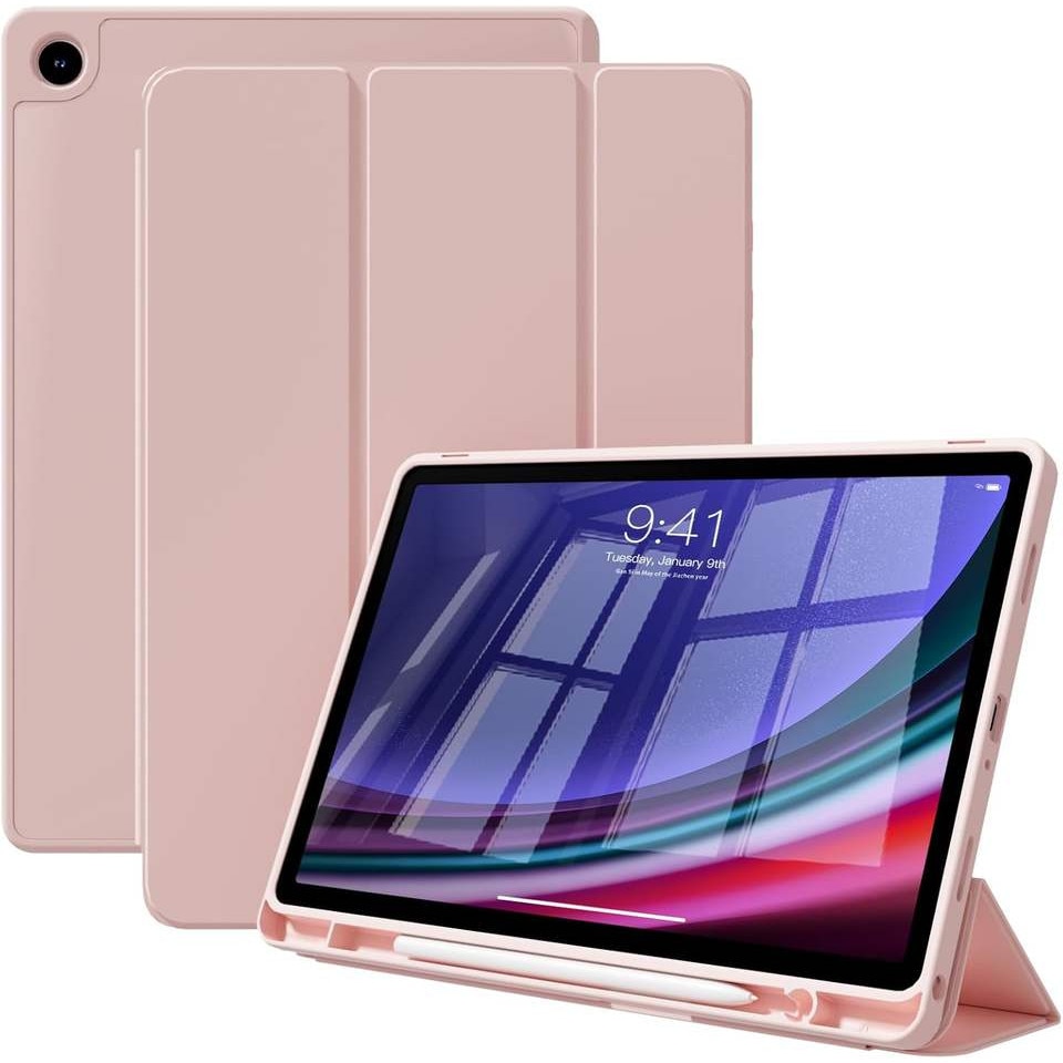 Husa tableta pentru Samsung Galaxy Tab A11 / A9, suport Pencil, functie Sleep/Wake, Flex Trifold, set cu sticker, Roz