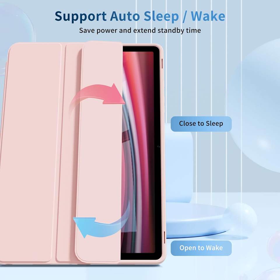 Husa tableta pentru Samsung Galaxy Tab A11 / A9, suport Pencil, functie Sleep/Wake, Flex Trifold, set cu sticker, Roz