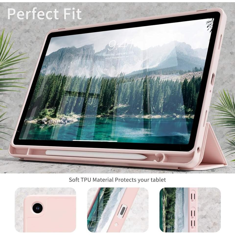 Husa tableta pentru Samsung Galaxy Tab A11 / A9, suport Pencil, functie Sleep/Wake, Flex Trifold, set cu sticker, Roz