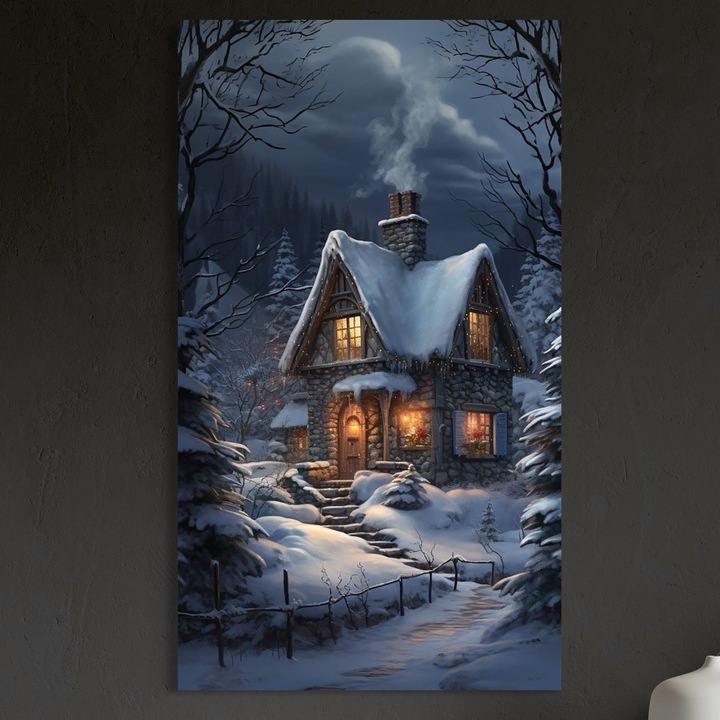 Tablou Canvas Premium, LuxCanva® D1117, Casa de Sub Zapada, 40 X 70 CM, Panza Bumbac 100% 400g/m2, Sasiu, Lemn, Lumina, Noapte, Iarna, Cabana, Munte, Zapada, Horn, Fum, Ger, Brazi, Atmosfera, Basm, Caldura, Living, Dormitor