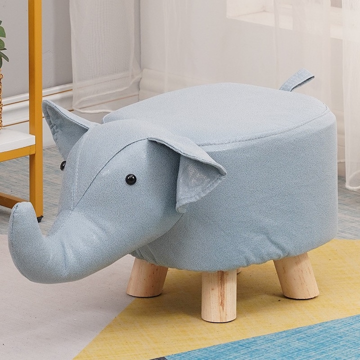 Табуретка за деца, Лески, тип табуретка, модел слон, от масивно дърво, детска табуретка, 30 x 25 x 25 см, светлосиня