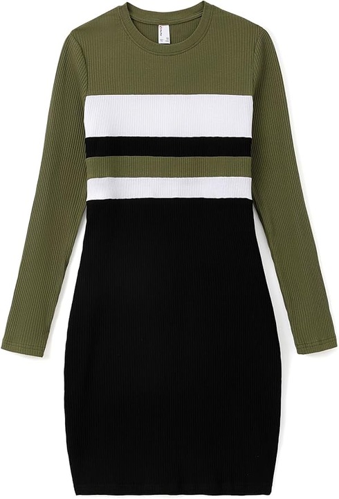 Pulover Lung tip Rochie Dama Tricotat, din Bumbac, cu maneci lungi, guler rotund, Design Colorblock Verde, Alb si Negru, Alb/Verde/Negru