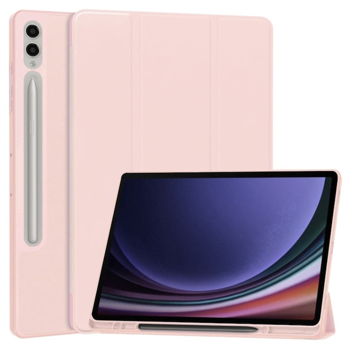 Husa tableta pentru Samsung Galaxy Tab S9 Plus / S10 Plus / S9 FE Plus, suport Pencil, functie Sleep/Wake, Flex Trifold, set cu sticker, Roz