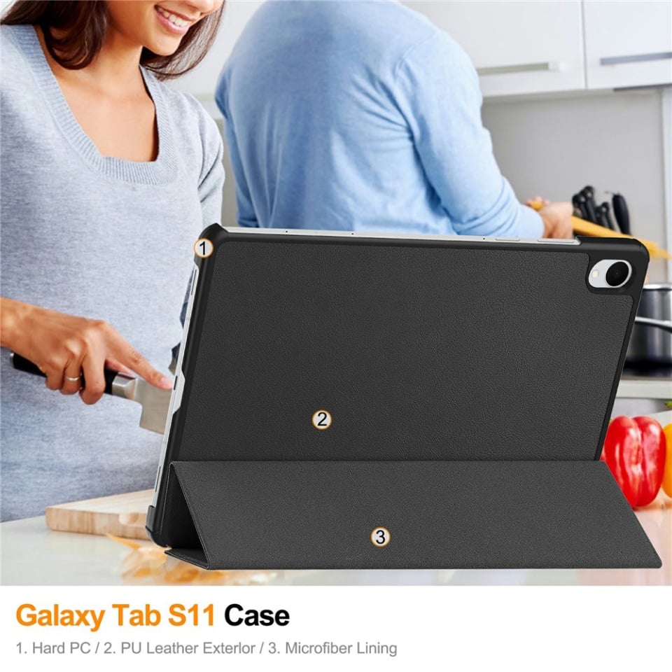 Husa tableta pentru Samsung Galaxy Tab S11, SKYDDAR INNOVATION, cu suport Multi-Unghi si functie Sleep/Wake, FoldPro, Roz, set cu sticker