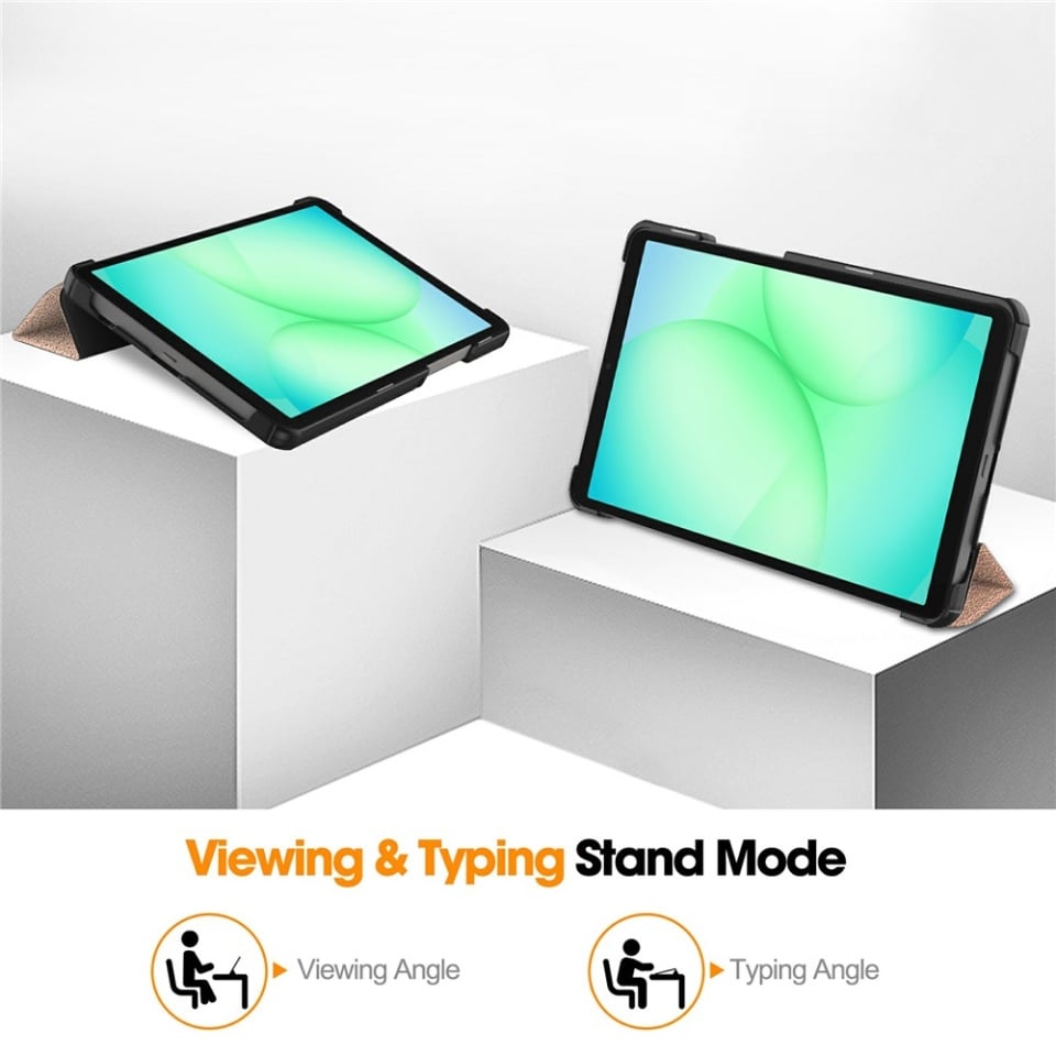 Husa tableta pentru Samsung Galaxy Tab A11 / A9, SKYDDAR INNOVATION, cu suport Multi-Unghi si functie Sleep/Wake, FoldPro, Roz, set cu sticker