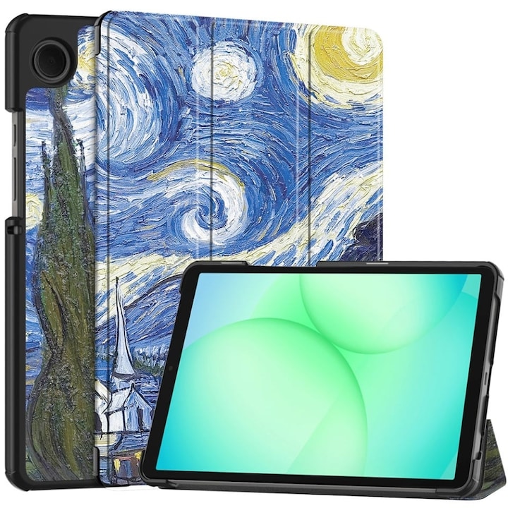 Husa tableta pentru Samsung Galaxy Tab A11 / A9, SKYDDAR INNOVATION, cu suport Multi-Unghi si functie Sleep/Wake, FoldPro, Starry night, set cu sticker