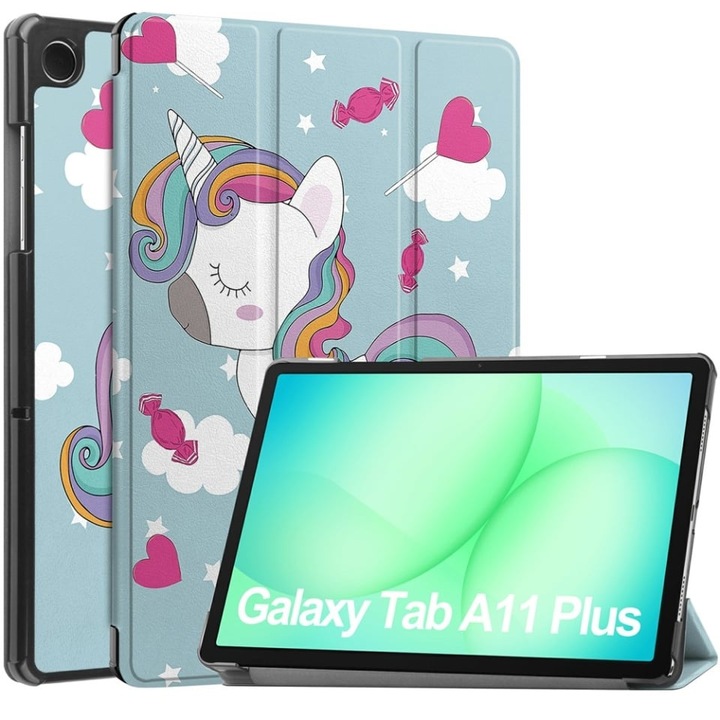 Husa tableta SKYDDAR INNOVATION cu suport Multi-Unghi si functie Sleep/Wake, set cu sticker, Unicorn, pentru Samsung Galaxy Tab A11 Plus / A9 Plus