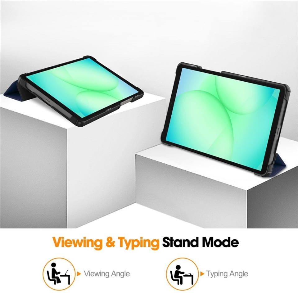 Husa tableta pentru Samsung Galaxy Tab A11 / A9, SKYDDAR INNOVATION, cu suport Multi-Unghi si functie Sleep/Wake, FoldPro, Albastru, set cu sticker