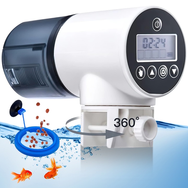 Hranitor automat acvariu, Tressino, 200 ml, Rotatie la 360 °, Alb