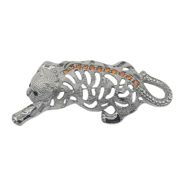 Brosă model tigru cu pietre de zirconiu, Rubin, aliaj metalic, 8, 5 cm