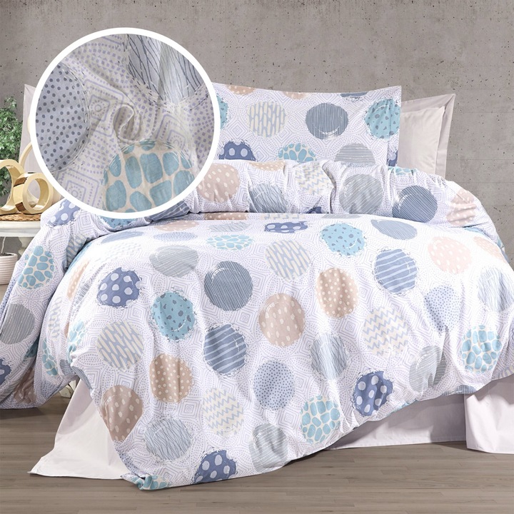 Lenjerie pat dublu extra large Creponata 100% Bumbac, cearsaf pat 240x260 cm, pilota 200x230 cm, 2 fete perna 50x70 cm, Alb/Albastru, Pucioasa CREP58